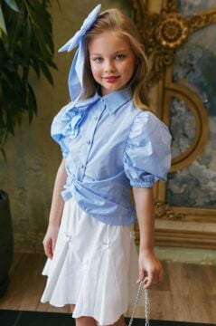 Kız Çocuk Balon Kol Üzeri Boydan Taş İşleme Asimetrik Kesim Mavi Gömlek Çiçek Motifli Etekli Takım