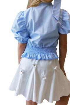 Kız Çocuk Balon Kol Üzeri Boydan Taş İşleme Asimetrik Kesim Mavi Gömlek Çiçek Motifli Etekli Takım