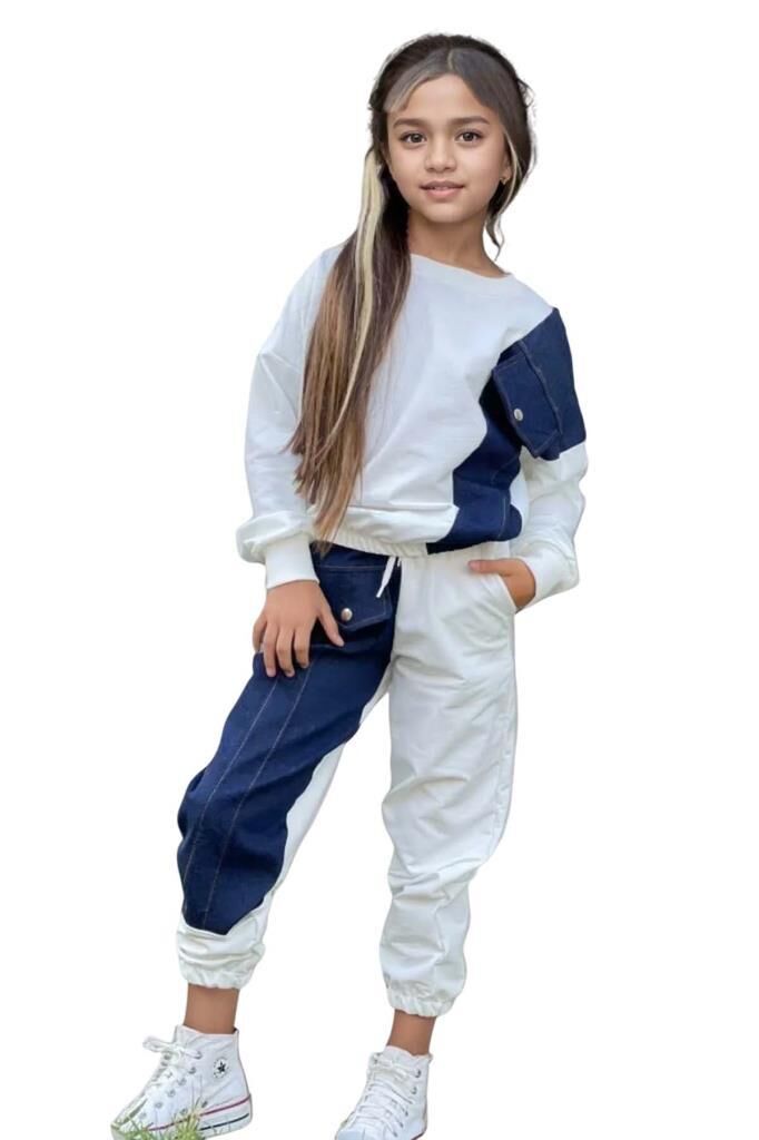 Kız Çocuk Kot Detaylı Cepli Aplike Beyaz Eşofman Takım