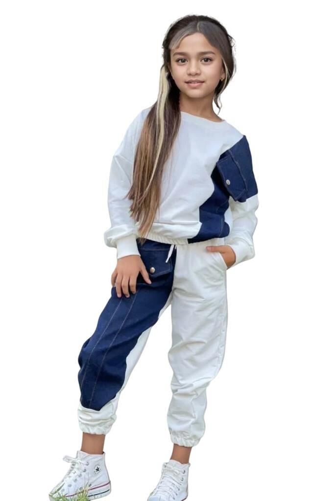 Kız Çocuk Kot Detaylı Cepli Aplike Beyaz Eşofman Takım