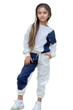 Kız Çocuk Kot Detaylı Cepli Aplike Beyaz Eşofman Takım