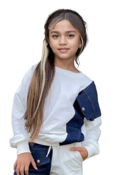 Kız Çocuk Kot Detaylı Cepli Aplike Beyaz Eşofman Takım