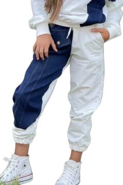 Kız Çocuk Kot Detaylı Cepli Aplike Beyaz Eşofman Takım