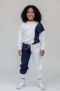 Kız Çocuk Kot Detaylı Cepli Aplike Beyaz Eşofman Takım