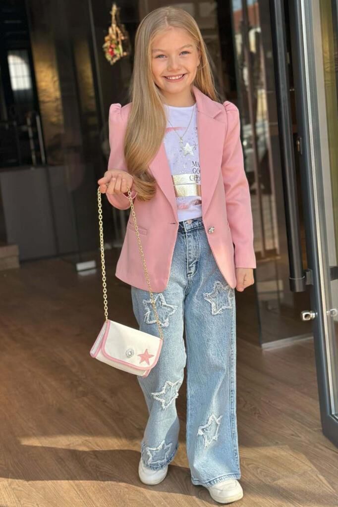 Kız Çocuk Baskılı T-shirt Bol Kesim Yıldız Detaylı Jean Pantolon Pudra Blazer Ceket Alt Üst Takım