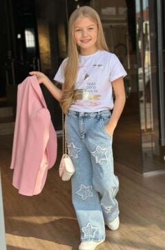 Kız Çocuk Baskılı T-shirt Bol Kesim Yıldız Detaylı Jean Pantolon Pudra Blazer Ceket Alt Üst Takım