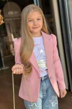 Kız Çocuk Baskılı T-shirt Bol Kesim Yıldız Detaylı Jean Pantolon Pudra Blazer Ceket Alt Üst Takım