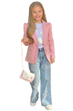 Kız Çocuk Baskılı T-shirt Bol Kesim Yıldız Detaylı Jean Pantolon Pudra Blazer Ceket Alt Üst Takım