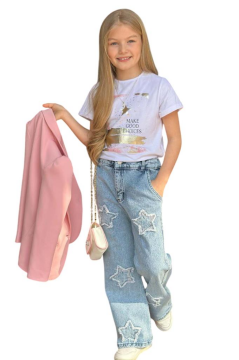 Kız Çocuk Baskılı T-shirt Bol Kesim Yıldız Detaylı Jean Pantolon Pudra Blazer Ceket Alt Üst Takım