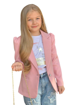 Kız Çocuk Baskılı T-shirt Bol Kesim Yıldız Detaylı Jean Pantolon Pudra Blazer Ceket Alt Üst Takım