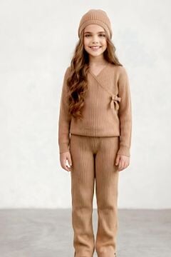 Kız Çocuk Fitilli Triko Bere Hediyeli Kahverengi Alt Üst Takım