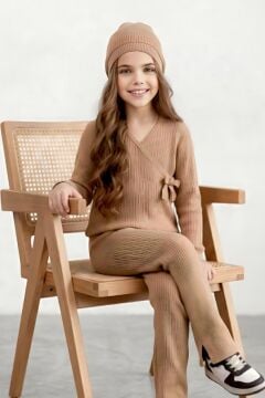 Kız Çocuk Fitilli Triko Bere Hediyeli Kahverengi Alt Üst Takım