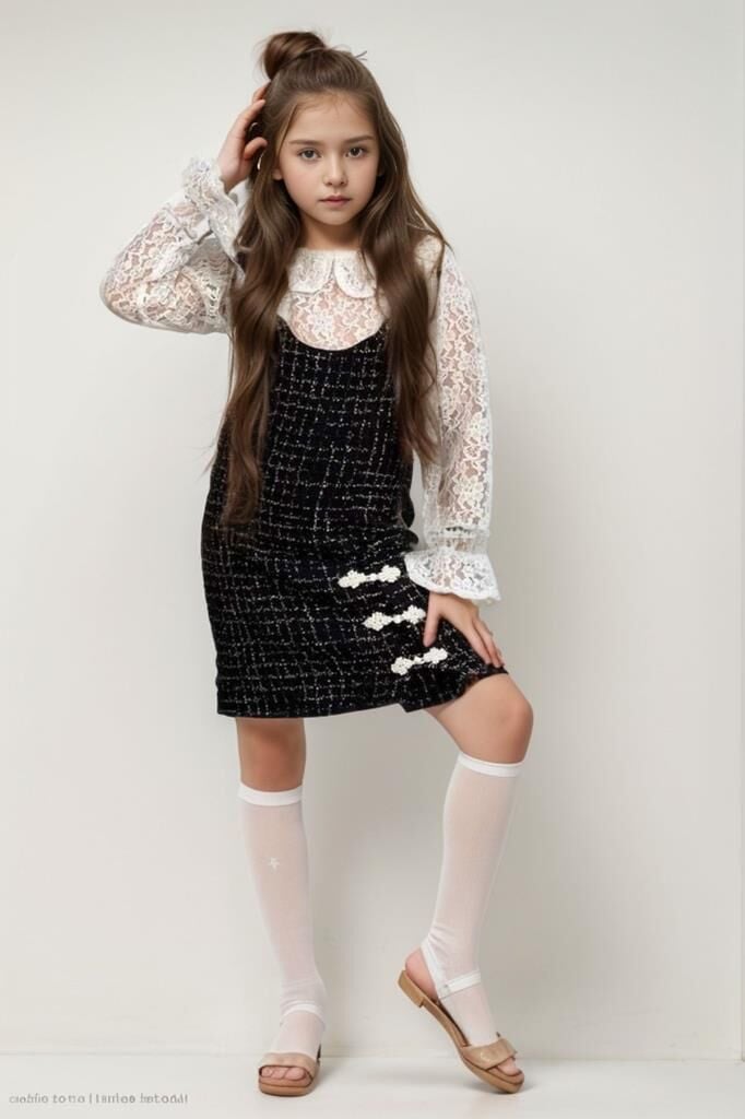 Kız Çocuk Yakası ve Kolları Dantel İşlemeli Kareli Şanel Kumaş Siyah Elbise