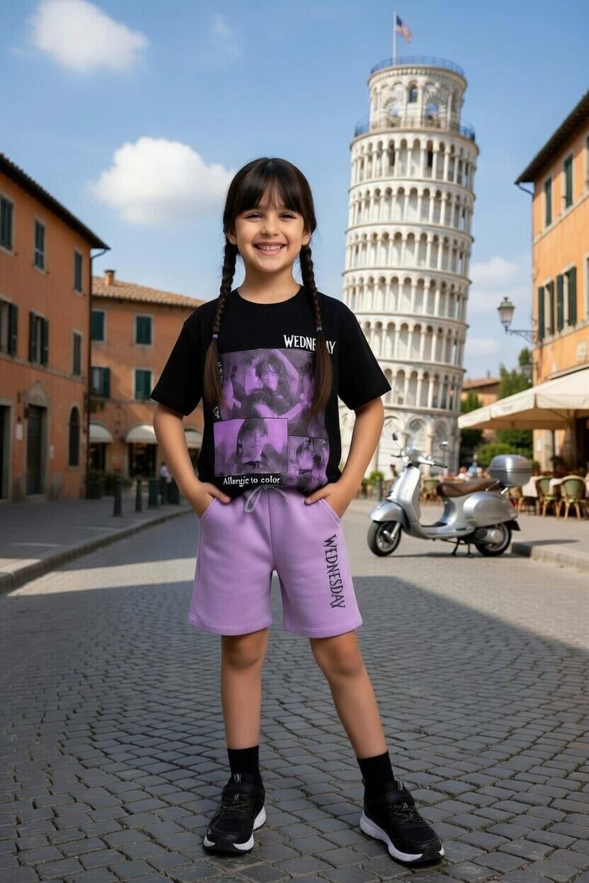 Kız Çocuk Üzeri Yazı ve Wednesday Karakter Baskılı T-Shirt Lila Şortlu Takım