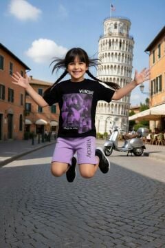 Kız Çocuk Üzeri Yazı ve Wednesday Karakter Baskılı T-Shirt Lila Şortlu Takım