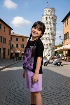 Kız Çocuk Üzeri Yazı ve Wednesday Karakter Baskılı T-Shirt Lila Şortlu Takım