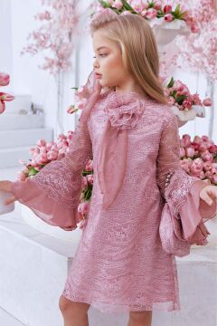 Kız Çocuk Boydan Üzeri Dantel İşlemeli Fiyonk Detaylı İspanyol Kollu Gül Kurusu Elbise