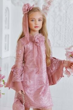Kız Çocuk Boydan Üzeri Dantel İşlemeli Fiyonk Detaylı İspanyol Kollu Gül Kurusu Elbise