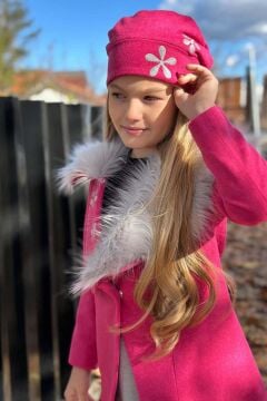 Kız Çocuk Yakası Kürk ve Yonca Detaylı Etekli Fuşya Kaşe