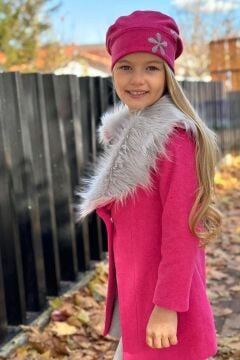 Kız Çocuk Yakası Kürk ve Yonca Detaylı Etekli Fuşya Kaşe