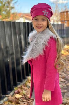 Kız Çocuk Yakası Kürk ve Yonca Detaylı Etekli Fuşya Kaşe