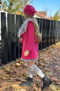 Kız Çocuk Yakası Kürk ve Yonca Detaylı Etekli Fuşya Kaşe