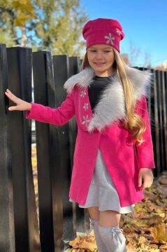 Kız Çocuk Yakası Kürk ve Yonca Detaylı Etekli Fuşya Kaşe