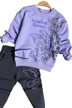 Kız Çocuk Yaprak Nakış İşlemeli ve Flowers Baskılı Lila Eşofman Takım