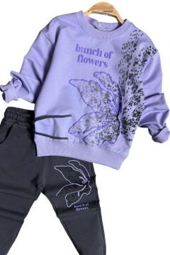 Kız Çocuk Yaprak Nakış İşlemeli ve Flowers Baskılı Lila Eşofman Takım