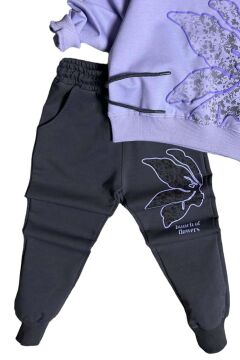 Kız Çocuk Yaprak Nakış İşlemeli ve Flowers Baskılı Lila Eşofman Takım