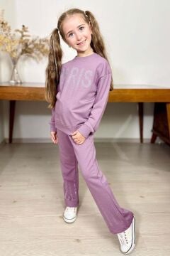 Kız Çocuk Kristal Taş Paris Yazılı İspanyol Paça Mor Eşofman Takım