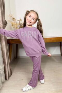 Kız Çocuk Kristal Taş Paris Yazılı İspanyol Paça Mor Eşofman Takım