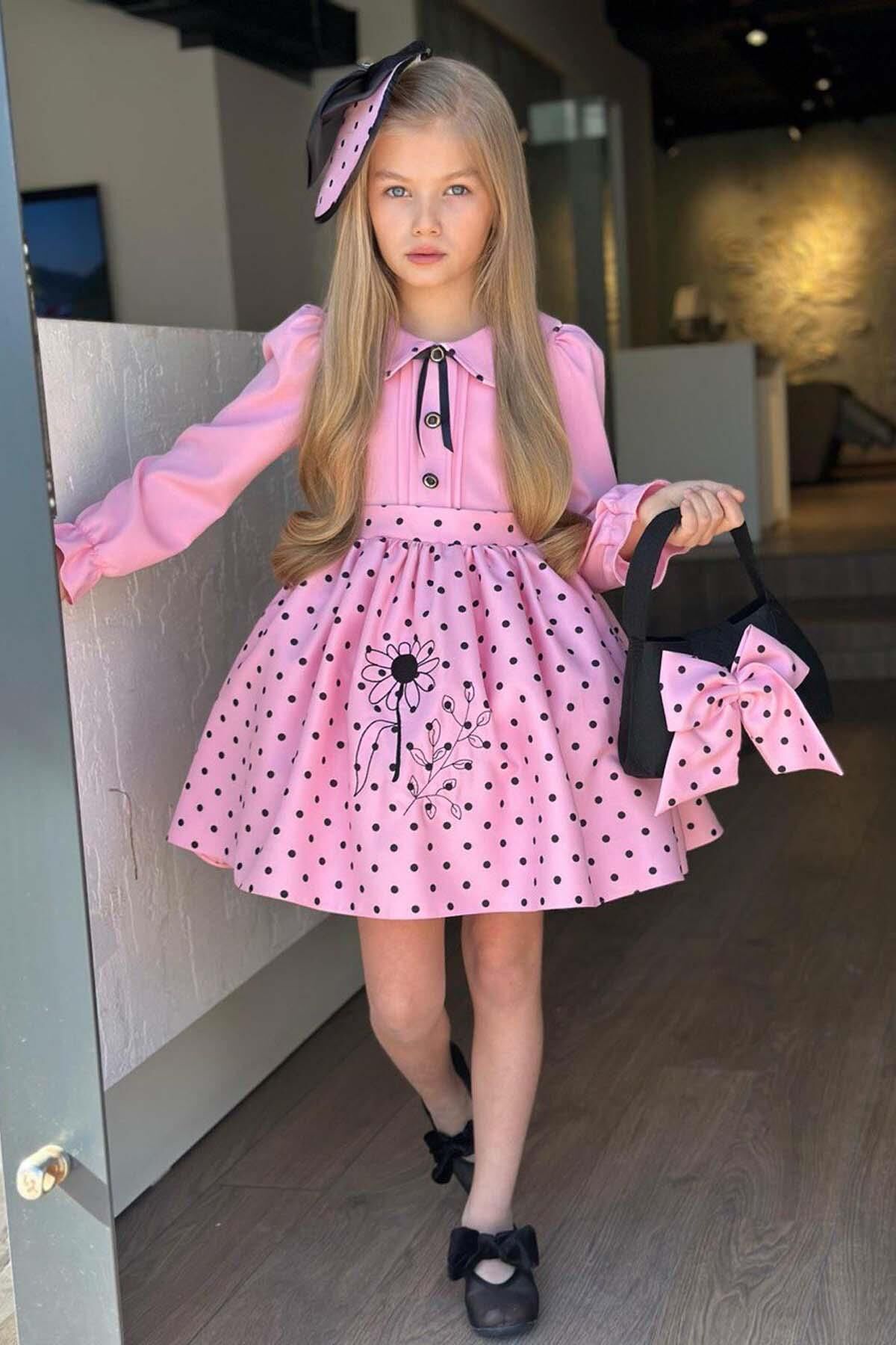 Kız Çocuk Bebe Yakalı Eteği Benekli Nakış İşlemeli Pembe Elbise