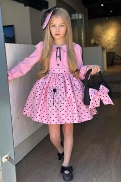 Kız Çocuk Bebe Yakalı Eteği Benekli Nakış İşlemeli Pembe Elbise
