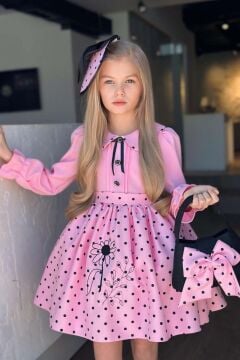 Kız Çocuk Bebe Yakalı Eteği Benekli Nakış İşlemeli Pembe Elbise