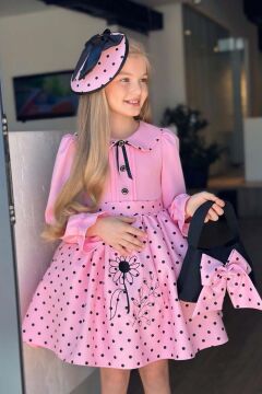 Kız Çocuk Bebe Yakalı Eteği Benekli Nakış İşlemeli Pembe Elbise