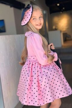 Kız Çocuk Bebe Yakalı Eteği Benekli Nakış İşlemeli Pembe Elbise
