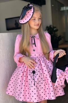 Kız Çocuk Bebe Yakalı Eteği Benekli Nakış İşlemeli Pembe Elbise