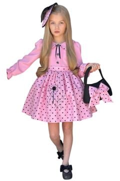 Kız Çocuk Bebe Yakalı Eteği Benekli Nakış İşlemeli Pembe Elbise