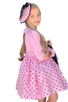 Kız Çocuk Bebe Yakalı Eteği Benekli Nakış İşlemeli Pembe Elbise