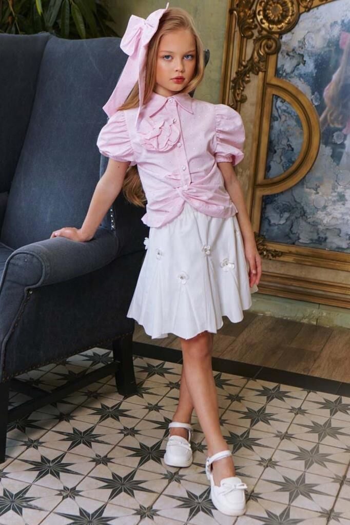 Kız Çocuk Balon Kol Üzeri Boydan Taş İşleme Asimetrik Kesim Pudra Gömlek Çiçek Motifli Etekli Takım