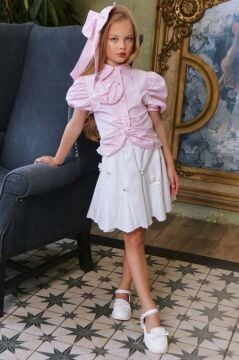 Kız Çocuk Balon Kol Üzeri Boydan Taş İşleme Asimetrik Kesim Pudra Gömlek Çiçek Motifli Etekli Takım