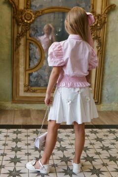 Kız Çocuk Balon Kol Üzeri Boydan Taş İşleme Asimetrik Kesim Pudra Gömlek Çiçek Motifli Etekli Takım