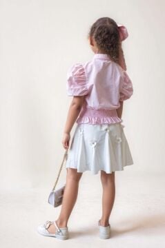 Kız Çocuk Balon Kol Üzeri Boydan Taş İşleme Asimetrik Kesim Pudra Gömlek Çiçek Motifli Etekli Takım