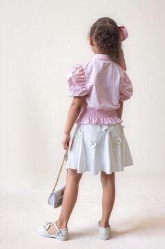 Kız Çocuk Balon Kol Üzeri Boydan Taş İşleme Asimetrik Kesim Pudra Gömlek Çiçek Motifli Etekli Takım