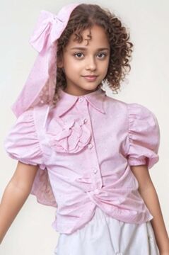 Kız Çocuk Balon Kol Üzeri Boydan Taş İşleme Asimetrik Kesim Pudra Gömlek Çiçek Motifli Etekli Takım