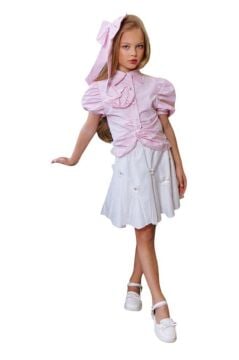 Kız Çocuk Balon Kol Üzeri Boydan Taş İşleme Asimetrik Kesim Pudra Gömlek Çiçek Motifli Etekli Takım
