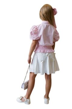 Kız Çocuk Balon Kol Üzeri Boydan Taş İşleme Asimetrik Kesim Pudra Gömlek Çiçek Motifli Etekli Takım