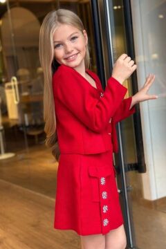 Kız Çocuk Askılı Bluz Hırka ve Elmas Taş İşlemeli Cepli Kırmızı Triko Etekli Takım