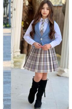 Kız Çocuk Gümüş Düğme Detaylı Mavi Yelek Gabardin Gömlek Kravatlı Ekose Çizgili Etekli Takım